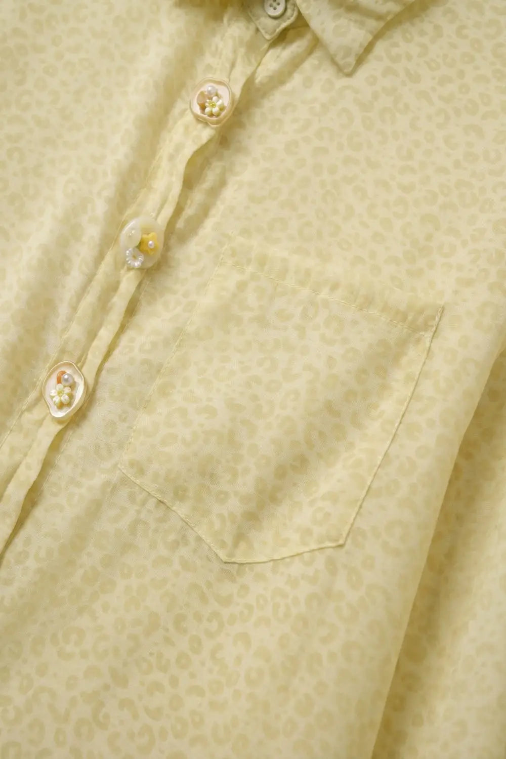 Light Yellow Button-Front Sheer Blouse with Subtle Print - Shirts