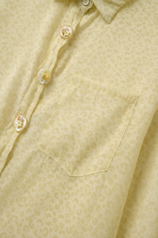 Light Yellow Button-Front Sheer Blouse with Subtle Print - Shirts