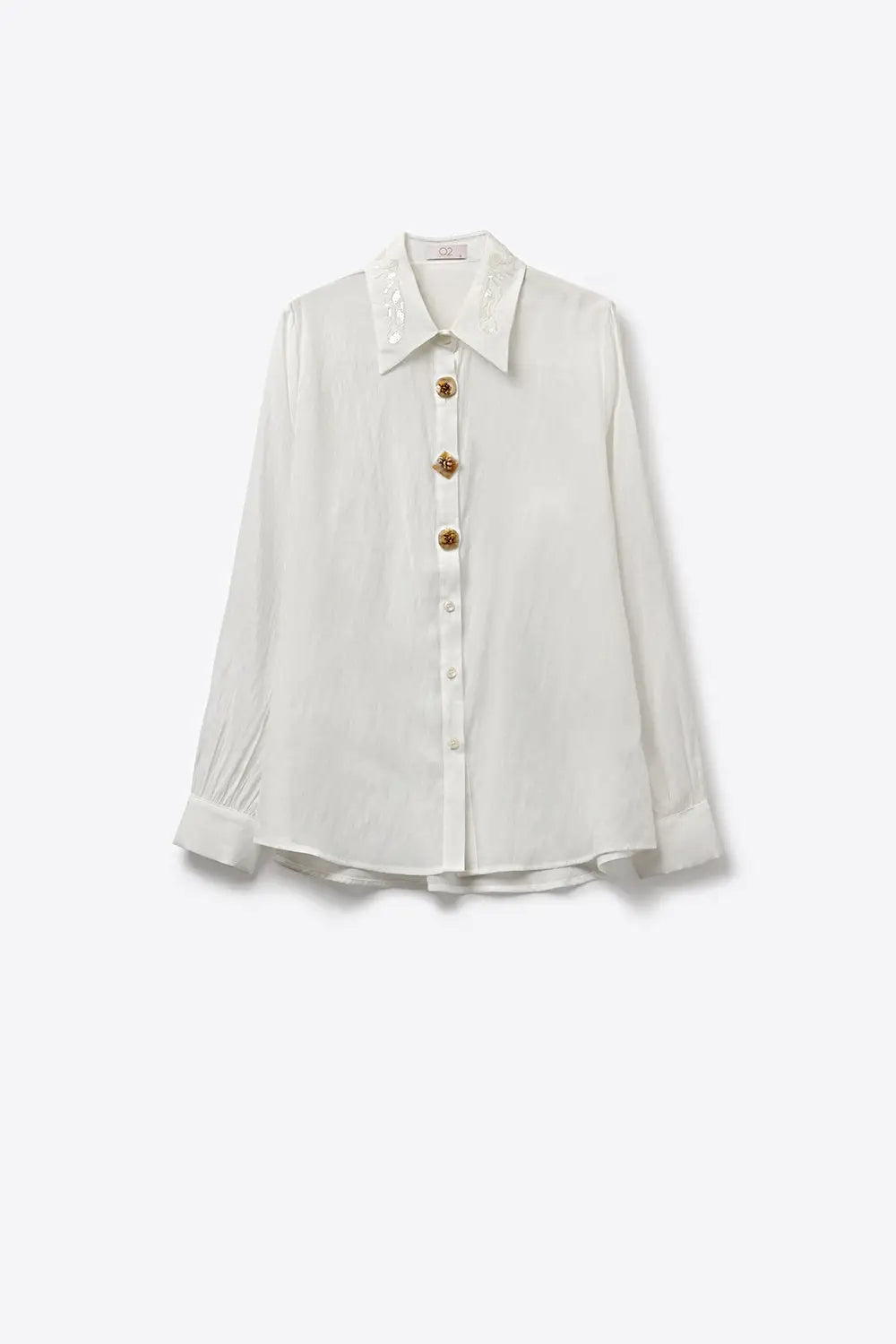 White Button-Front Shirt with Embroidered sequin Collar - Shirts