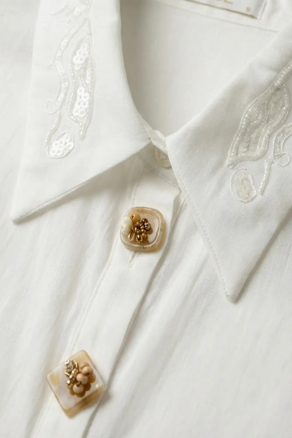 White Button-Front Shirt with Embroidered sequin Collar - Shirts