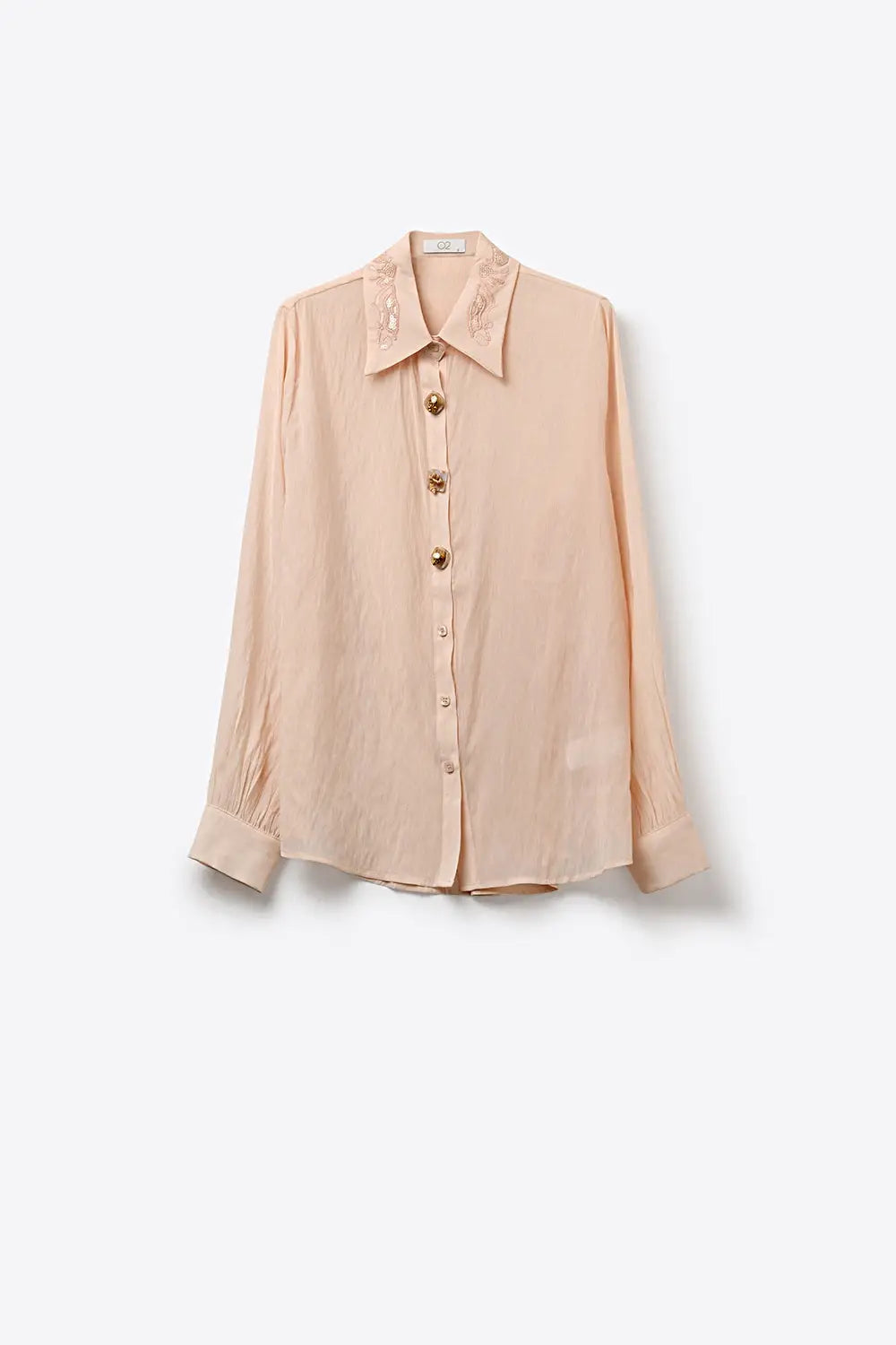 Pink Semi-Sheer Button-Up Shirt with Embroidered sequin Collar - Shirts