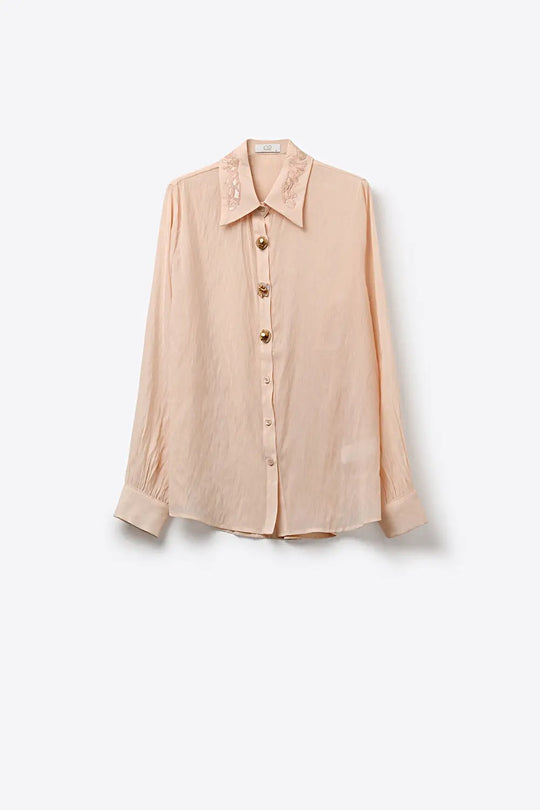 Pink Semi-Sheer Button-Up Shirt with Embroidered sequin Collar - Shirts