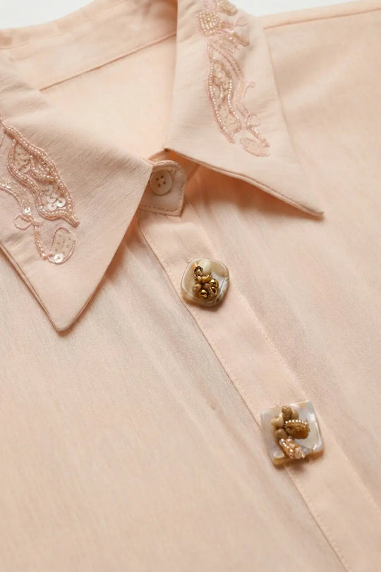 Pink Semi-Sheer Button-Up Shirt with Embroidered sequin Collar - Shirts