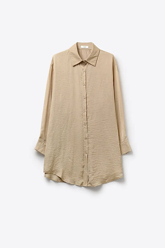 Beige Button-Front Long Sleeve Shirt Dress in shiny satin - Shirts