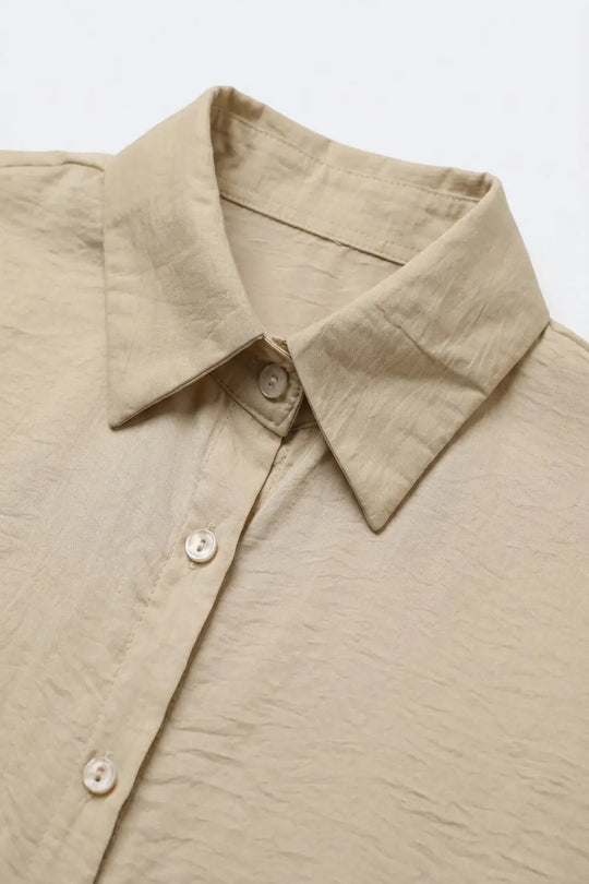 Beige Button-Front Long Sleeve Shirt Dress in shiny satin - Shirts