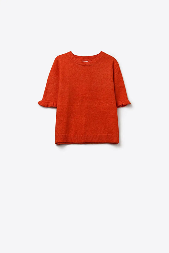 Orange Soft fluffy Knit sweater with Ruffled Sleeve Detail - ORANGE / ONE - Sweaters