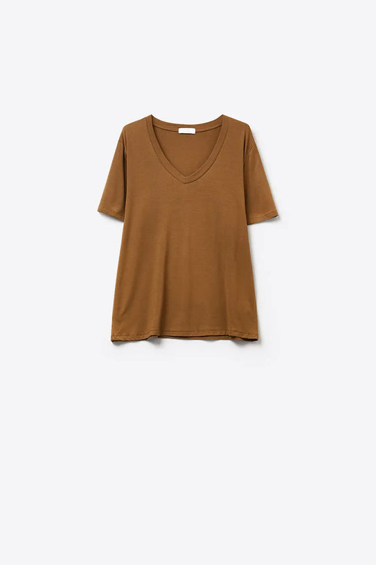 Brown Soft wide V-Neck t-shirt in viscose fabric - BROWN / ONE - T-Shirts