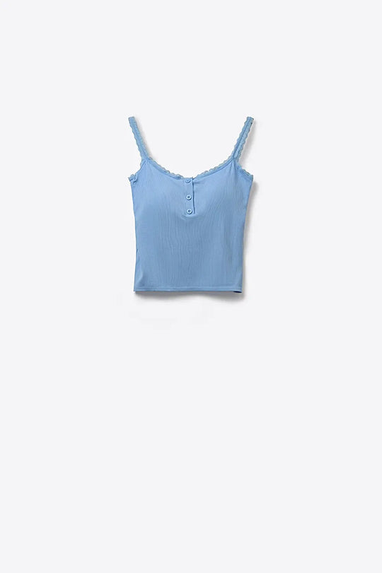 Light Blue Ribbed Knit Cropped Tank Top with buttons details - Tops