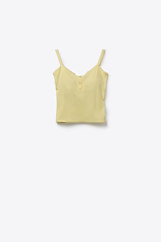 Yellow Ribbed Knit Tank Top with Button Detail - Tops