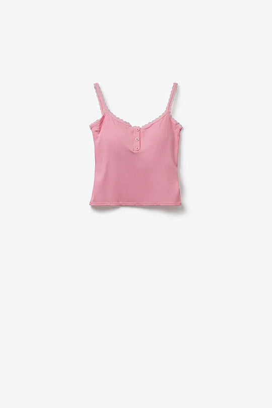 Pink Ribbed Knit Button-Front Cami Tank Top with buttons details - Tops