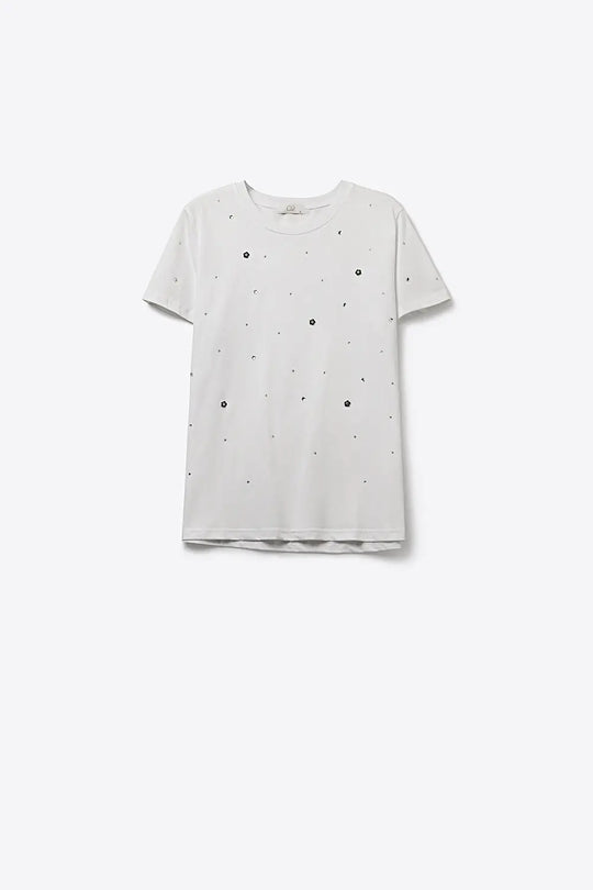 White Cotton T-Shirt Embellished with Strass Details - T-Shirts