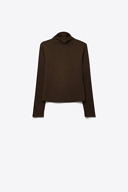 Brown Turtleneck t-shirt in soft stretch fabric - T-Shirts
