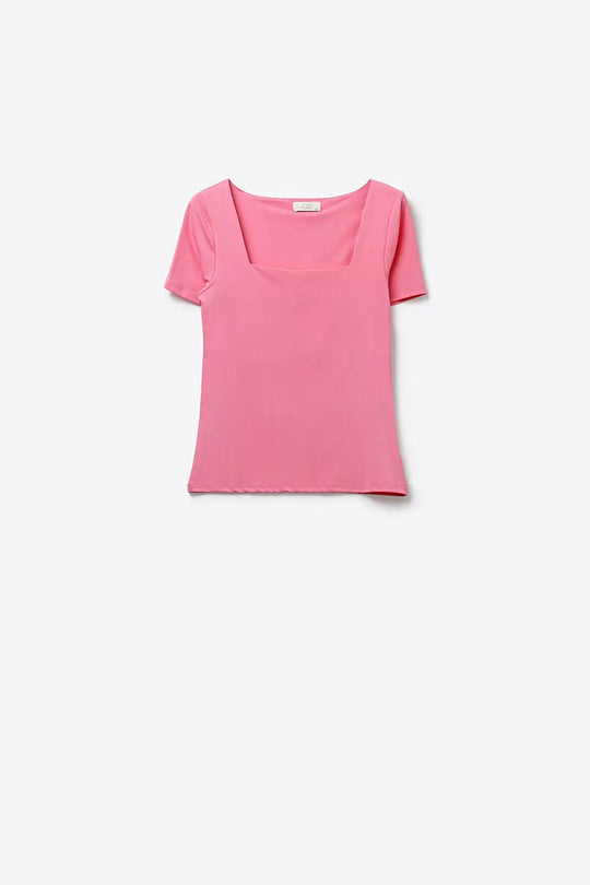 Pink Short Sleeve Square Neck Stretch Top - Tops