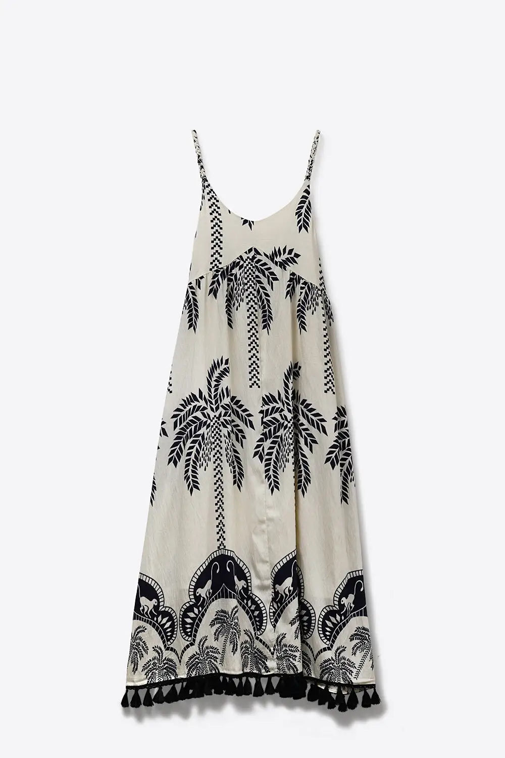 Cream Maxi Dress with navy Palm Print and Tassels - Dresses