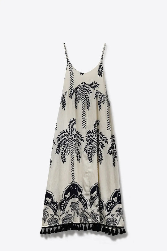 Cream Maxi Dress with navy Palm Print and Tassels - Dresses