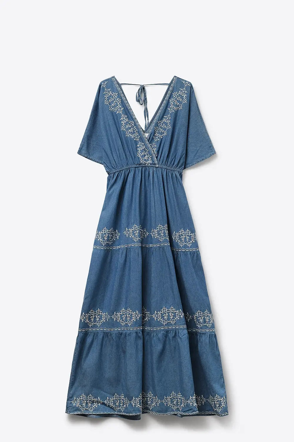 Blue Embroidered Maxi Dress with V-Neckline - Dresses