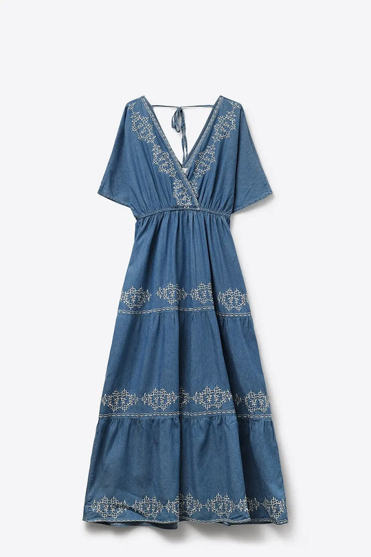 Blue Embroidered Maxi Dress with V-Neckline - Dresses
