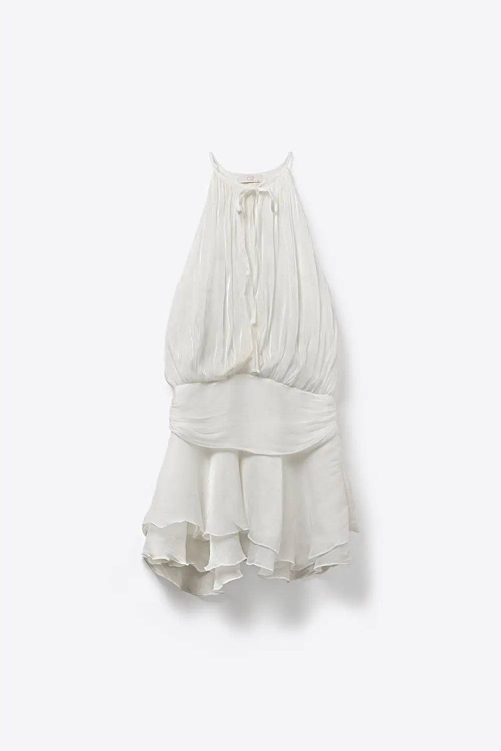 White Pleated Halter Neck Ruffle Dress with shiny chiffon fabric - Dresses