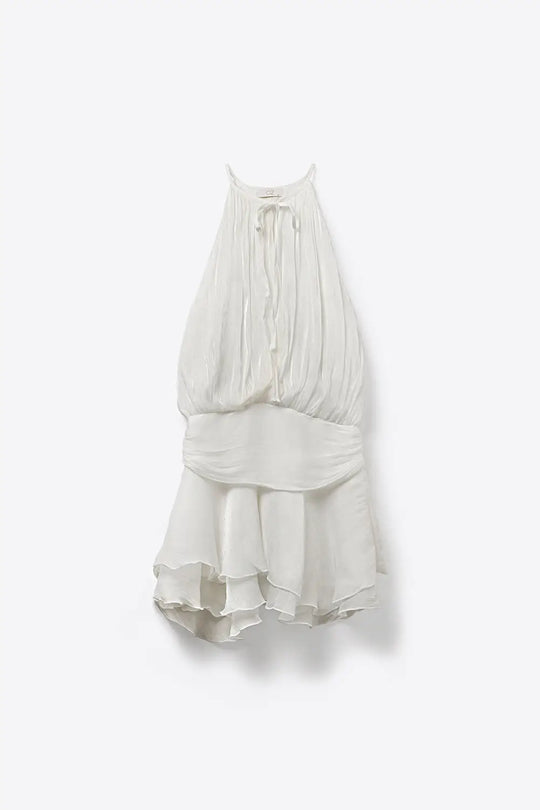 White Pleated Halter Neck Ruffle Dress with shiny chiffon fabric - Dresses