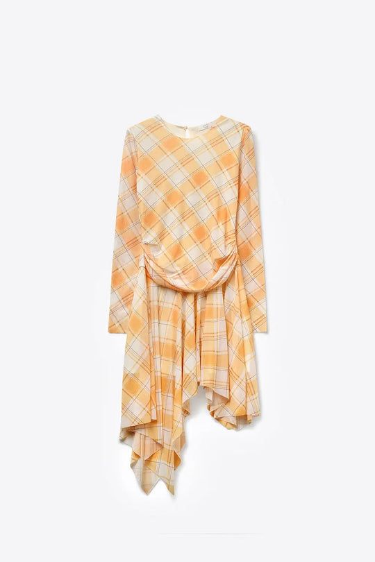 Mesh Fabric Plaid Long Sleeve Asymmetrical Dress in Orange - Dresses