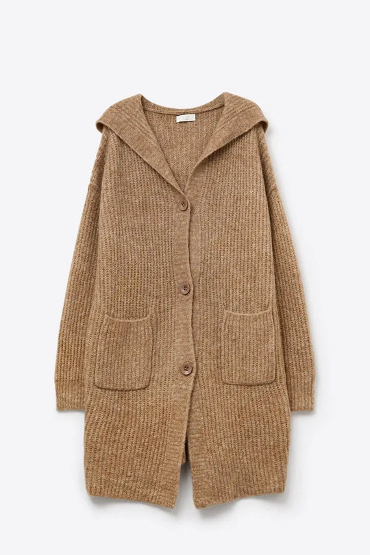 Long Ribbed Cardigan With Pockets and Hood in Camel - BEIGE / ONE - Cardigans