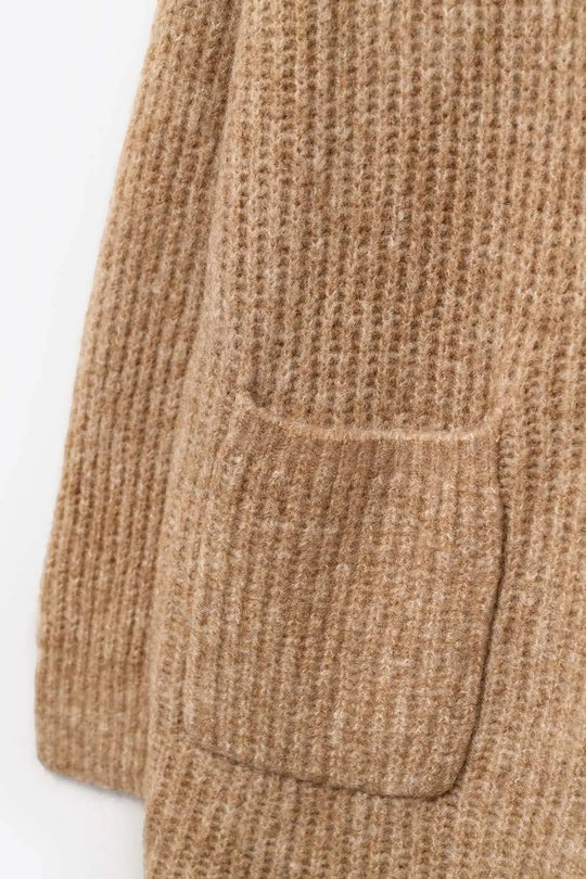 Long Ribbed Cardigan With Pockets and Hood in Camel - BEIGE / ONE - Cardigans