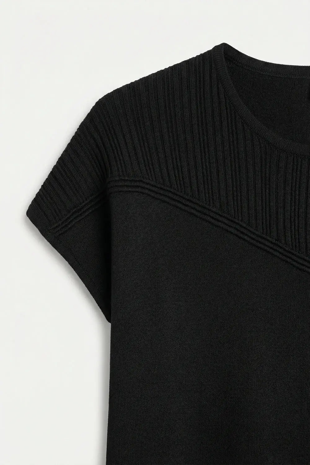 Black Knit Cap Sleeve Top with Textured Yoke Detail - BLACK / ONE - Sweaters