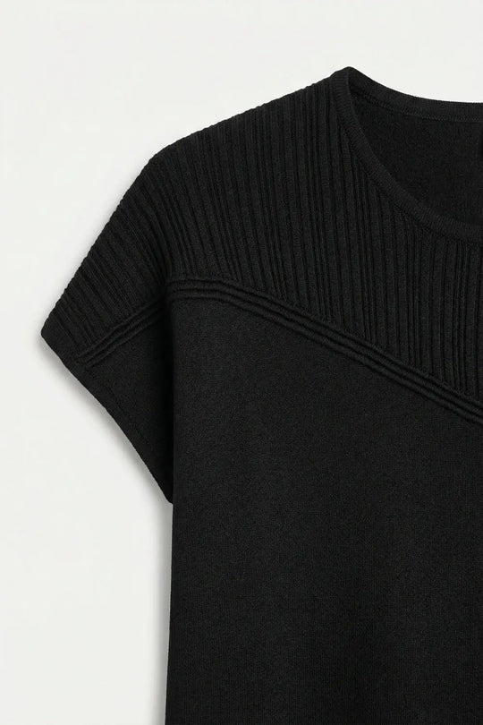 Black Knit Cap Sleeve Top with Textured Yoke Detail - BLACK / ONE - Sweaters