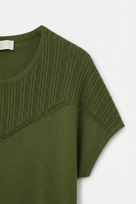Olive Green Knit Cap Sleeve Sweater with Ribbed Detail - KHAKI / ONE - Sweaters