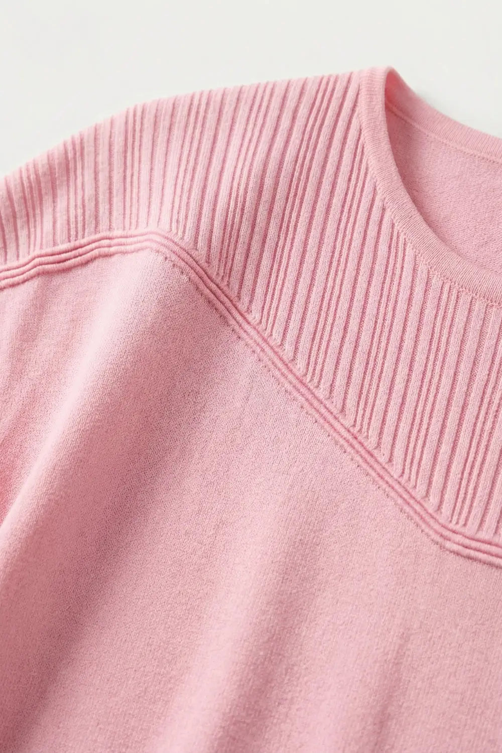 Pink Knit Short Sleeve Sweater with Ribbed Detail - PINK / ONE - Sweaters