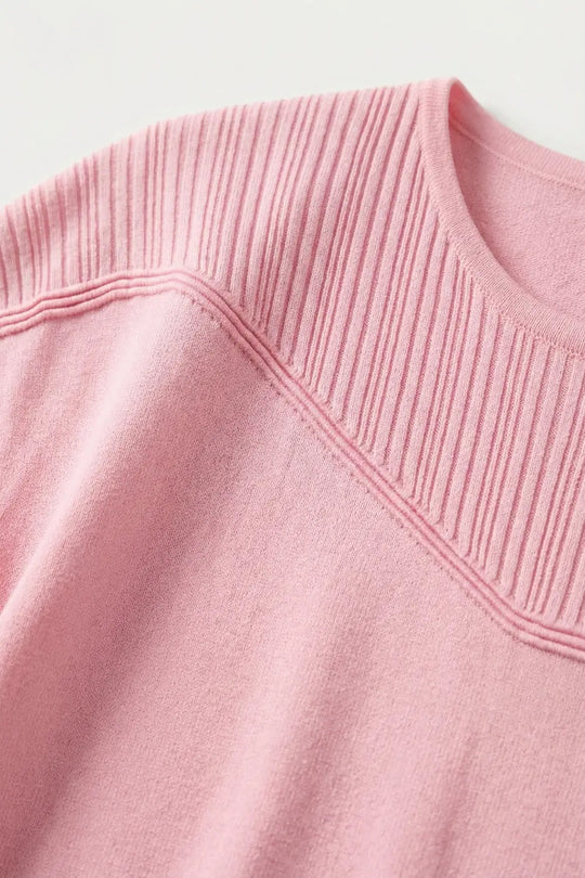 Pink Knit Short Sleeve Sweater with Ribbed Detail - PINK / ONE - Sweaters