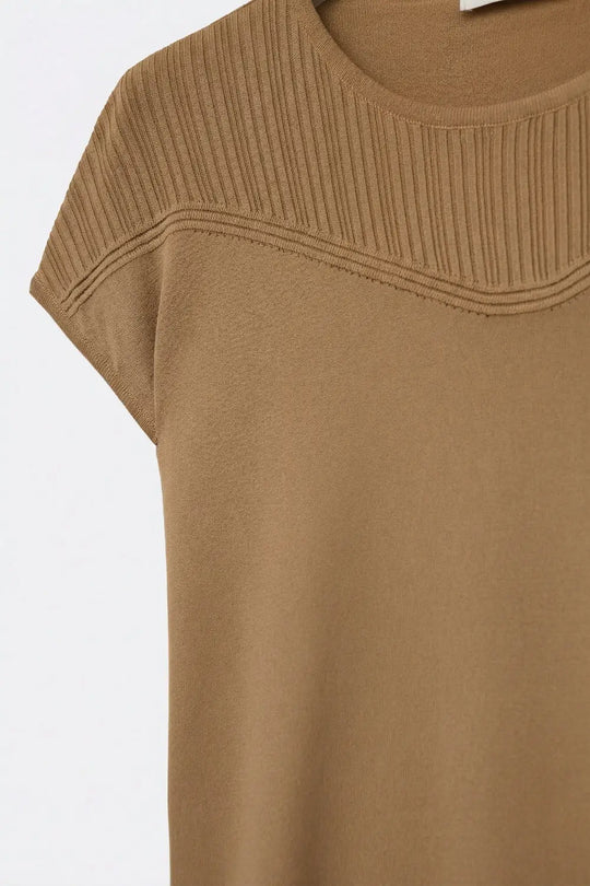 Camel Knit Cap Sleeve Sweater with Ribbed Detail - CAMEL / ONE - Sweaters