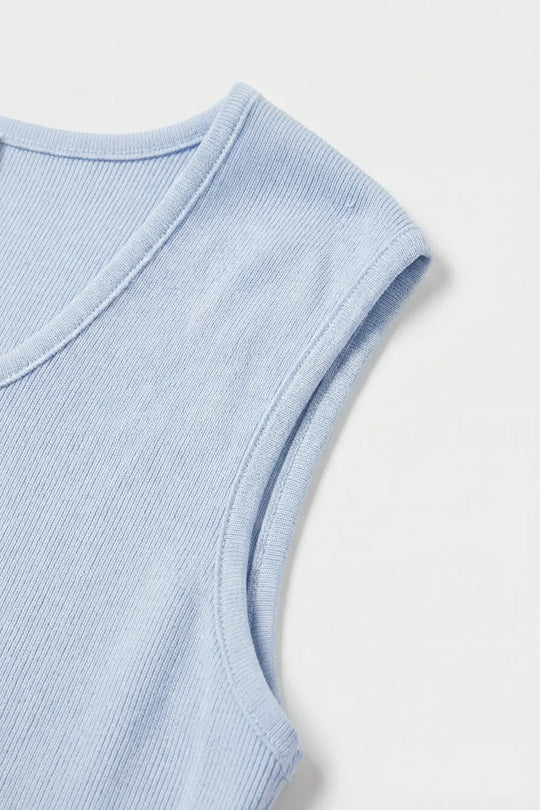 Light Blue Ribbed Knit Scoop sweater in lightweight knit - BLUE / ONE - Sweaters