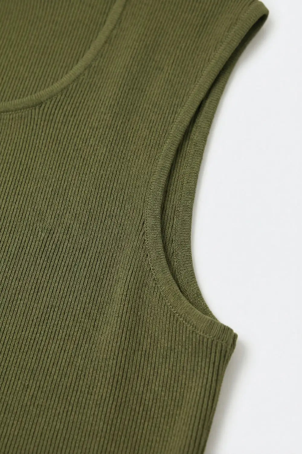 Olive Green Ribbed Knit Sleeveless Square Neck Top - KHAKI / ONE - Tops