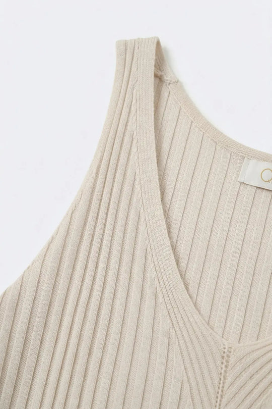 Beige Ribbed Knit V-Neck Tank Top - BEIGE / ONE - Tops