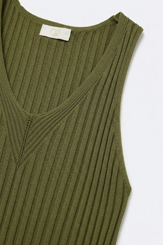 Olive Green Ribbed Knit V-Neck Tank Top - KHAKI / ONE - Tops