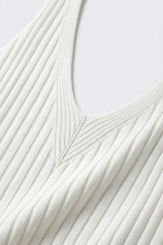 White Ribbed V-Neck Sleeveless Knit Tank Top - WHITE / ONE - Tops
