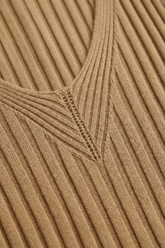 Camel Ribbed Knit V-Neck Tank Top - CAMEL / ONE - Tops
