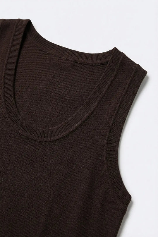 Brown Ribbed Knit Tank Top for Layering - BROWN / ONE - Tops