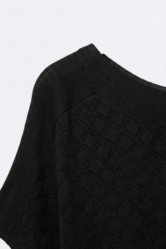 Black Textured Knit Short Sleeve Sweater Top - BLACK / ONE - Sweaters