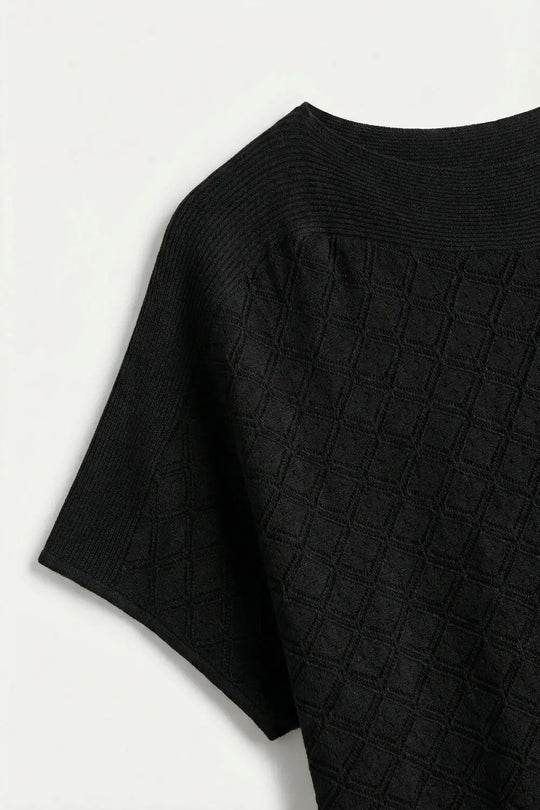 Black Textured Knit Short Sleeve Sweater Top - BLACK / ONE - Sweaters