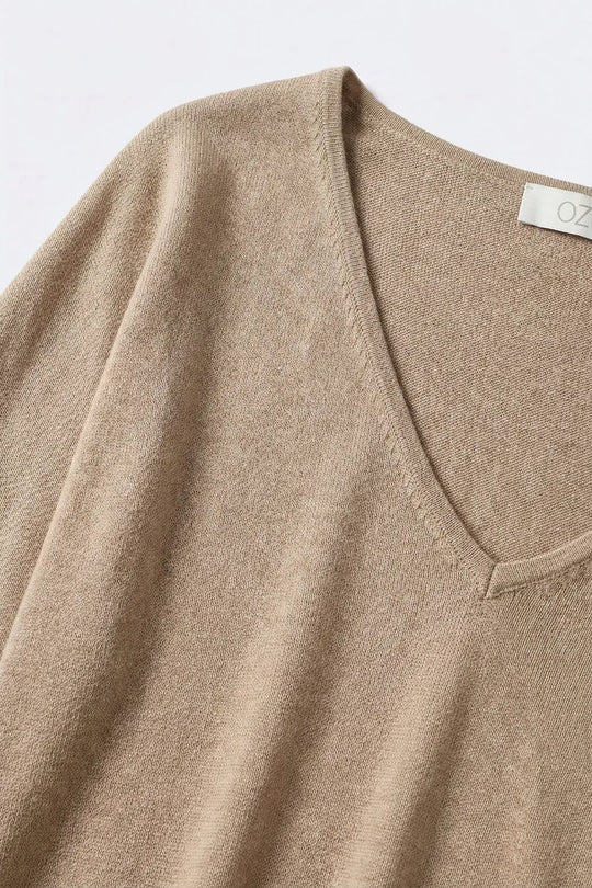 Beige V-Neck Relaxed Fit Knit Top - BEIGE / ONE - Sweaters