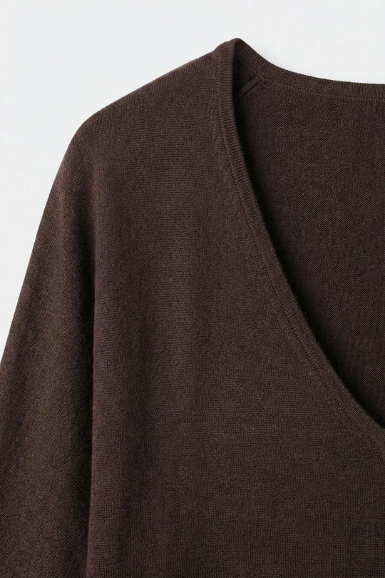 Brown Relaxed V-Neck Knit Top with Short Sleeves - BROWN / ONE - Sweaters