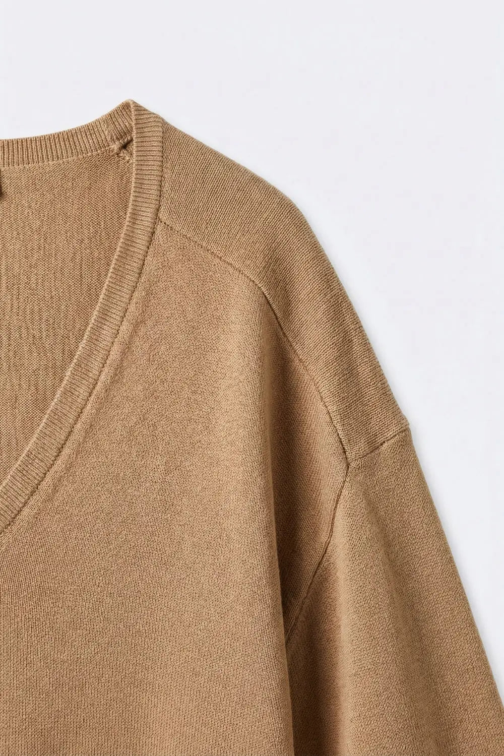 Camel V-Neck Knit Top with Elbow Sleeve - CAMEL / ONE - Tops