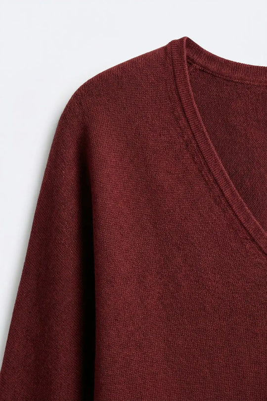 Burgundy Relaxed V-Neck Short Sleeve Knit Top - MAROON / ONE - Sweaters