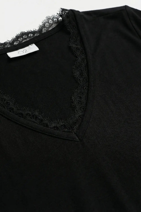 Fine and soft knit sweater with V-neck and lace trim in black - BLACK / ONE - Sweaters