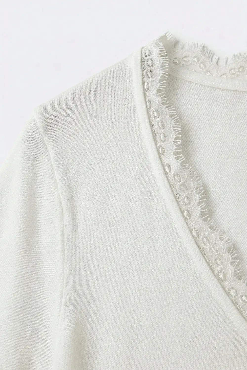 Fine and soft knit sweater with V-neck and lace trim in white - WHITE / ONE - Sweaters