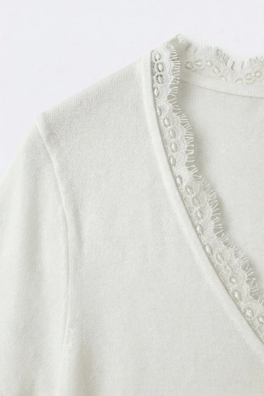 Fine and soft knit sweater with V-neck and lace trim in white - WHITE / ONE - Sweaters