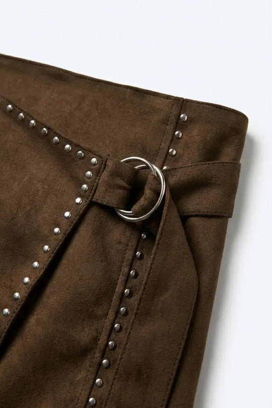Brown Studded Wrap Mini Skirt with Belt Detail - Skirts