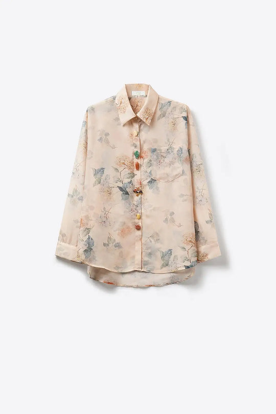 Beige Floral Print Button-Up Sheer Blouse - Shirts